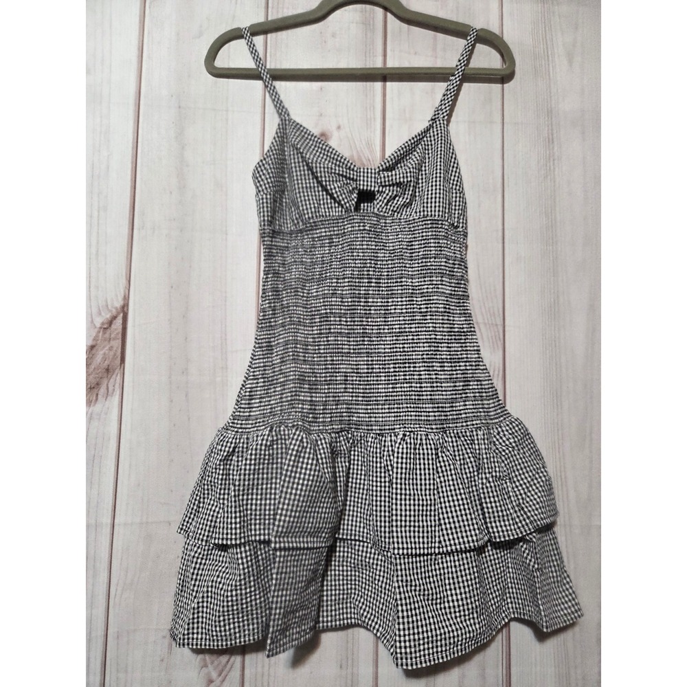 Wild Fable Gingham Smocked Tiered Mini Dress Black White XS New